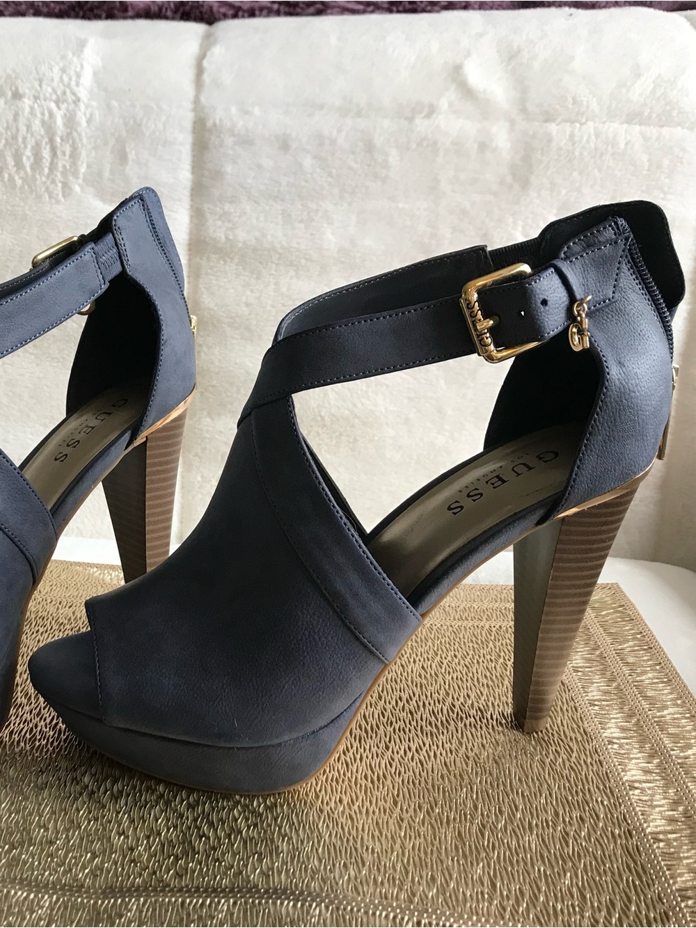 GUESS Navy Open-Toe Platform Heels with Gold Buckle Accent